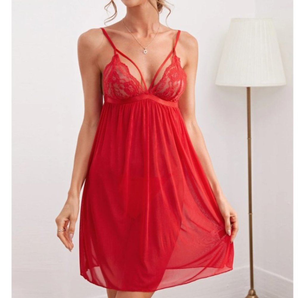 Contrast lace mesh slips with thong Red